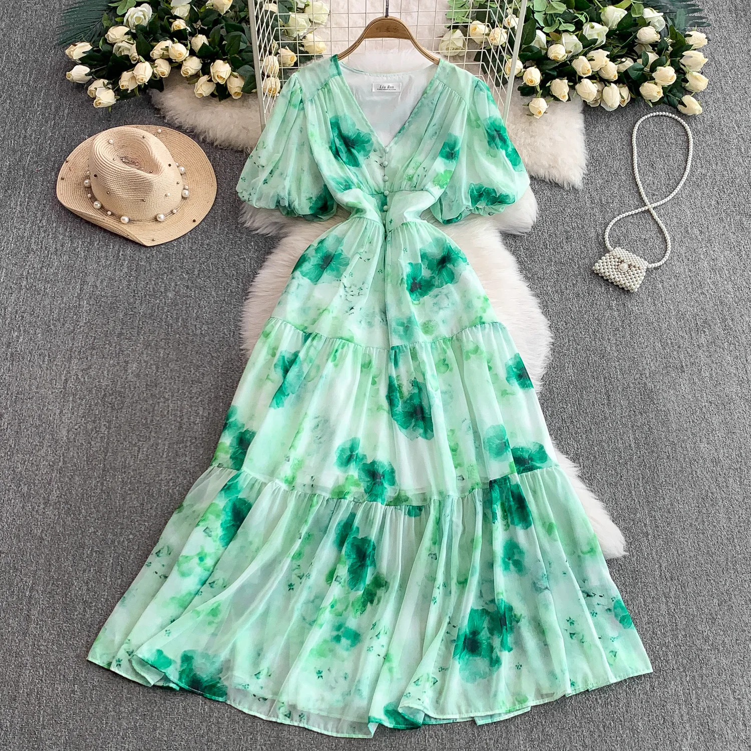 

2025 Holiday Bohemian Chiffon Printed Dress Women's Summer V-Neck Puff Sleeve Waist Slimming Ruffle Long Dress Feamle Vestidos