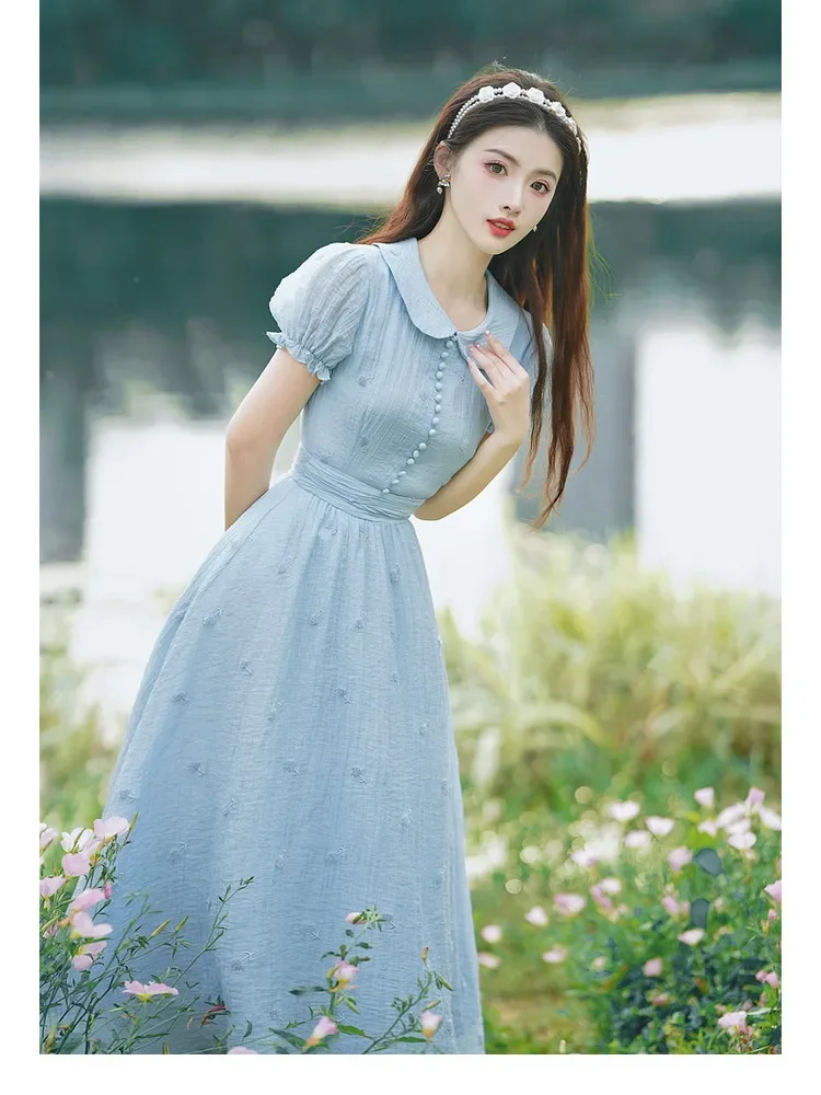 French Vintage Embroidery Dresses for Women\'s High Quality Short Sleeve Vestidos Blue Summer Peter pan Collar Sweet Dress