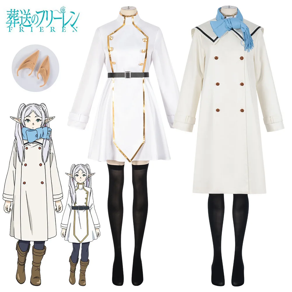 

Frieren Cosplay Costume Anime Frieren At The Funeral White Winter Coat Sweater Dress Suit Elf Ear Blue Scarf Full Set