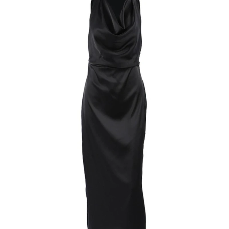 2025 zomer nieuwe stijl hoge kwaliteit hangende nek satijnen heuptas hippe lange jurk vrouwelijk