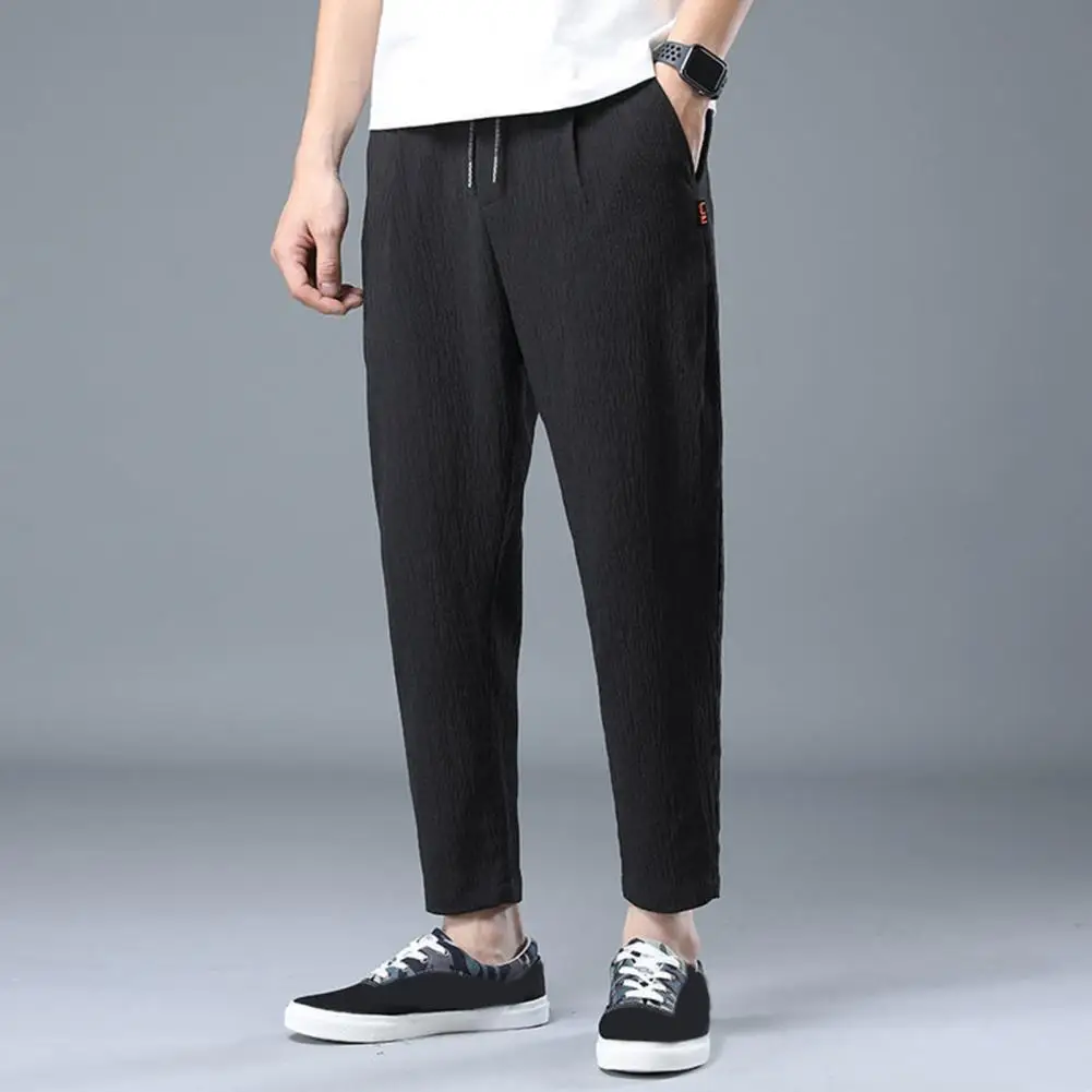 

Men Elastic Waist Pants Men's Drawstring Elastic Waist Ninth Pants with Pockets Straight Leg Loose Fit Casual Trousers for Daily