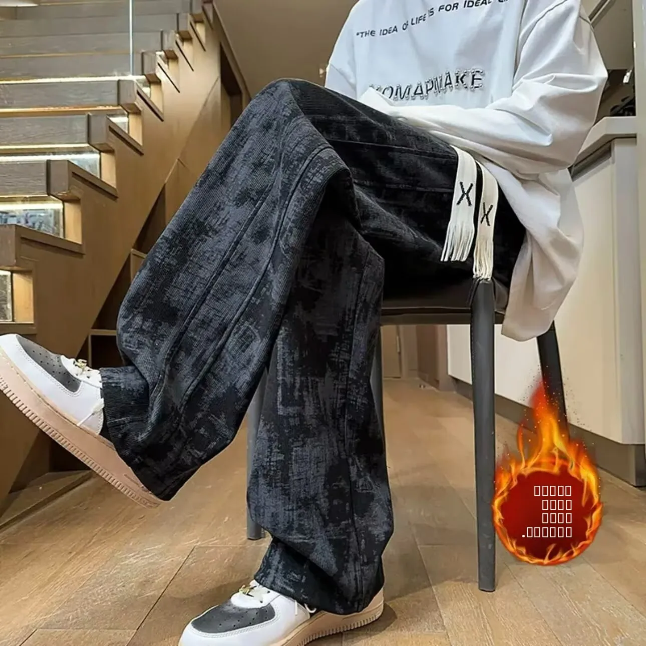 

Retro American Dyed Pants Men's Autumn Winter Thiened Fce Wide Leg Straight Cut Casual Trousers Youthful Vitali Sle