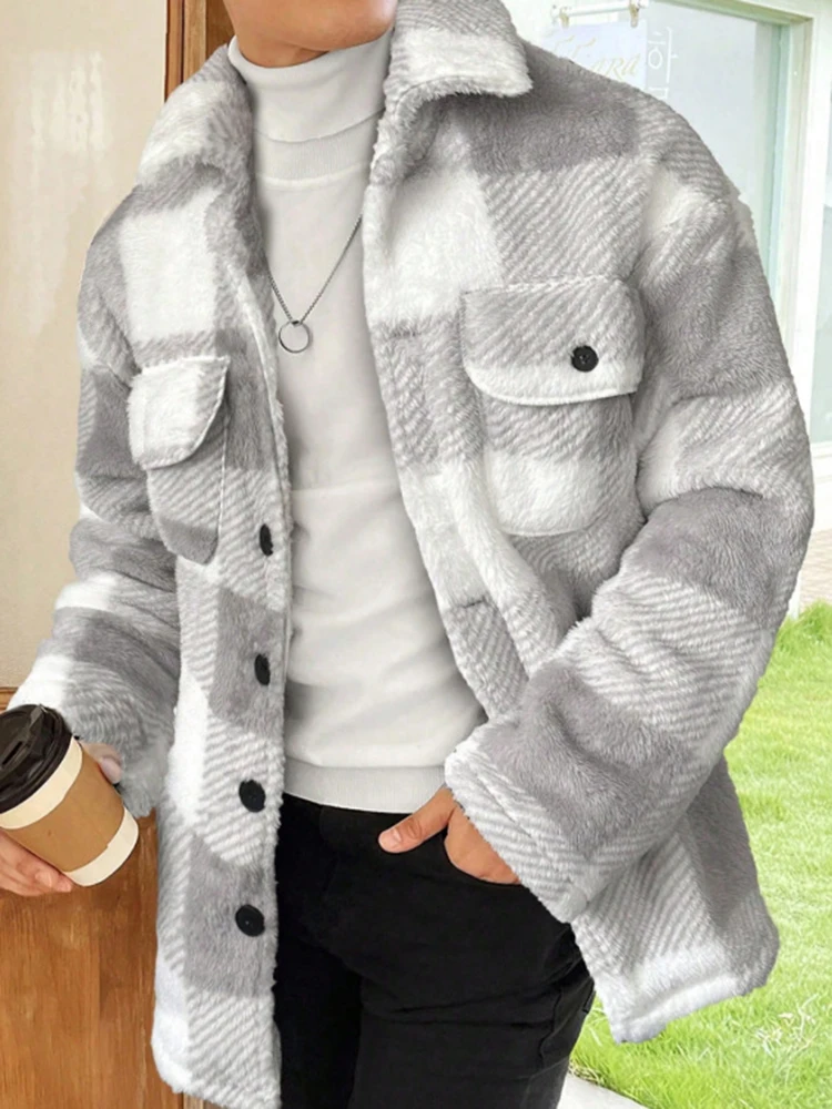 Daily Casual Men's Outerwear Autumn Winter Warm Furry Cozy Fleece Coats For Men Vintage Plaid Button-up Laple Fleece Cardigan