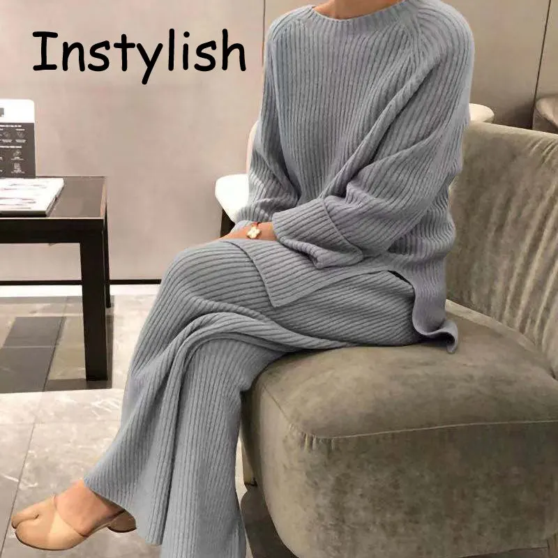 Women Elegant O Neck Loose Sweater and Wide Leg Knitting Trousers Suits Autumn Winter Two Piece Set Vintage Solid Jumper Outfits