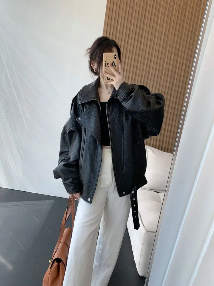 Lamb Soaked Leather Lamb Leg Sleeves Genuine Leather Jacket Women\'s Silhouette Jacket