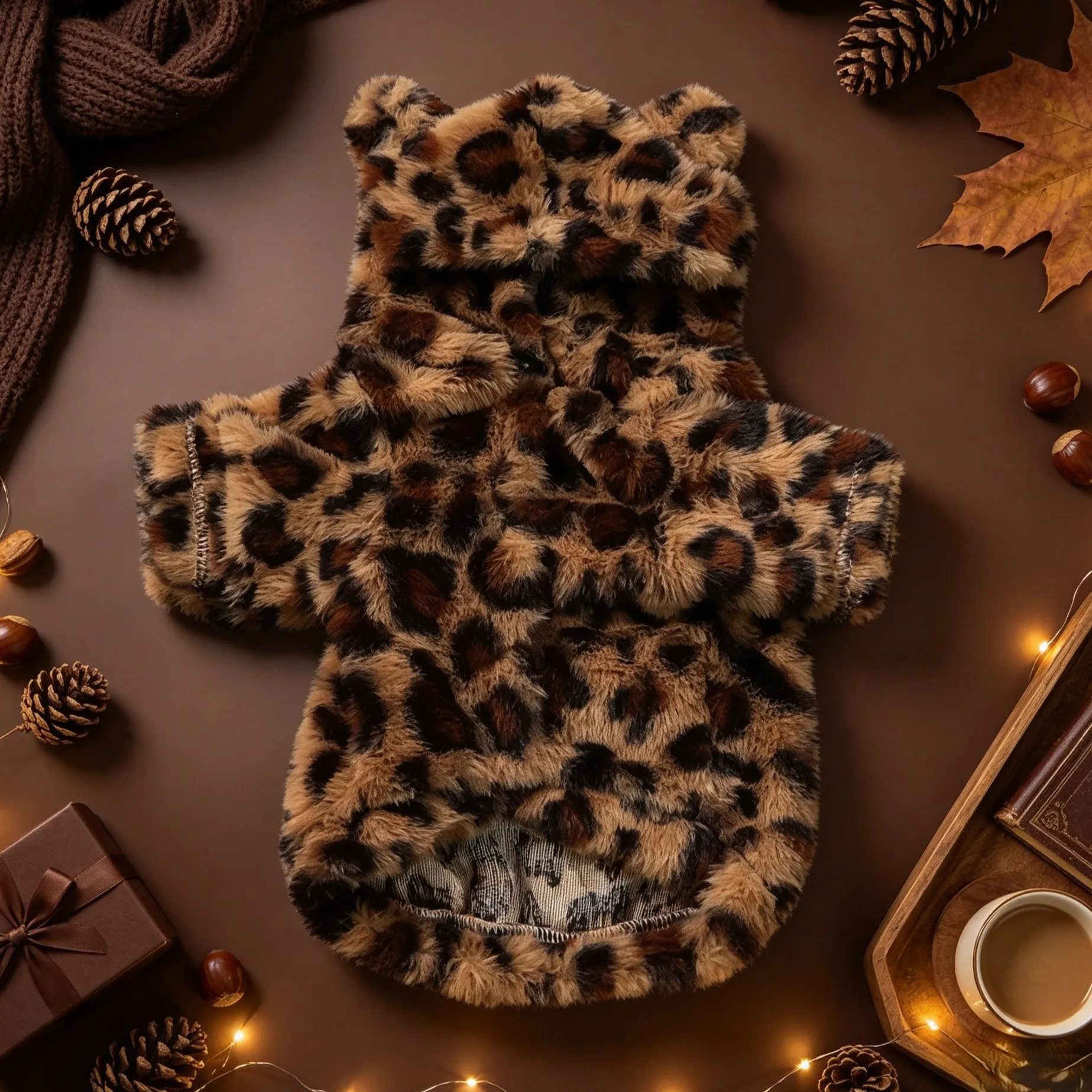 Hundejacke, Retro-Leopardenmuster, Kunstfell-Teddybär-Ohren, Kapuzenjacke mit Reißverschluss, dicke, flauschige, warme Haustierjacke – Detail 6