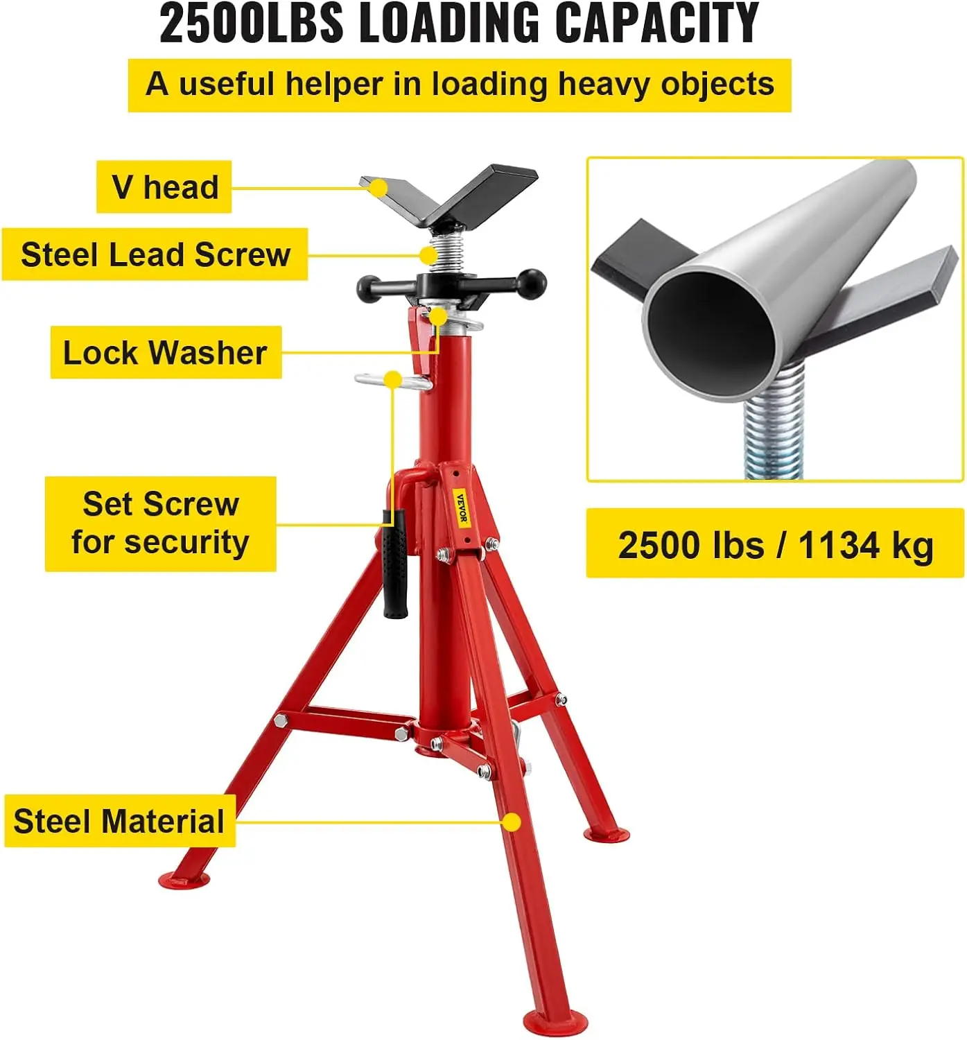 V Head Pipe Stand 1/8"-12" Capacity,Adjustable Height 28"-52,Pipe Jack Stands 2500 lb. Load Capacity,Portable Folding