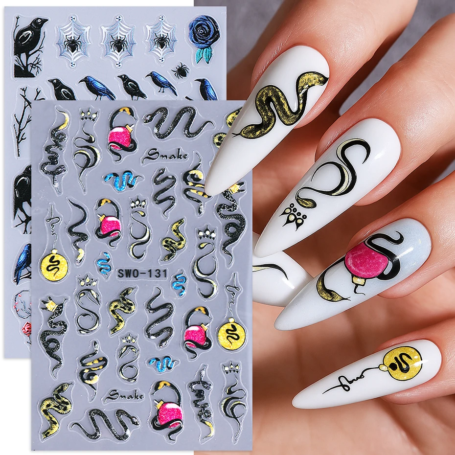 

﻿ 2pcs Halloween Nail Stickers Y2K Snake Moon Spider Web Crow Skull Rose Textured Nail Decals Sliders DIY Manicure Decoration