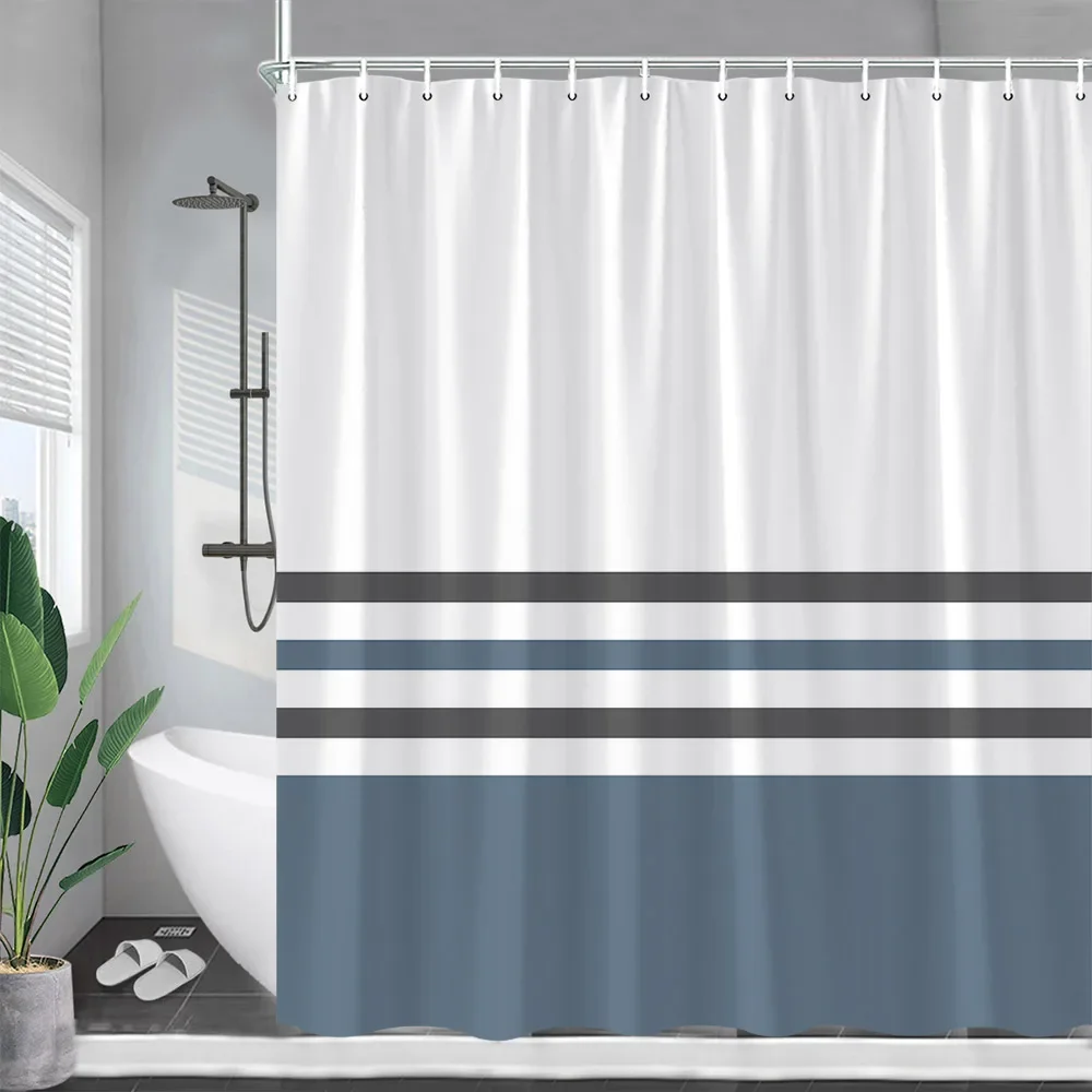 Blue and White Striped Shower Curtains Grey Geometric Modern Minimalist Polyester Fabric Bath Curtain Bathroom Decor with Hooks