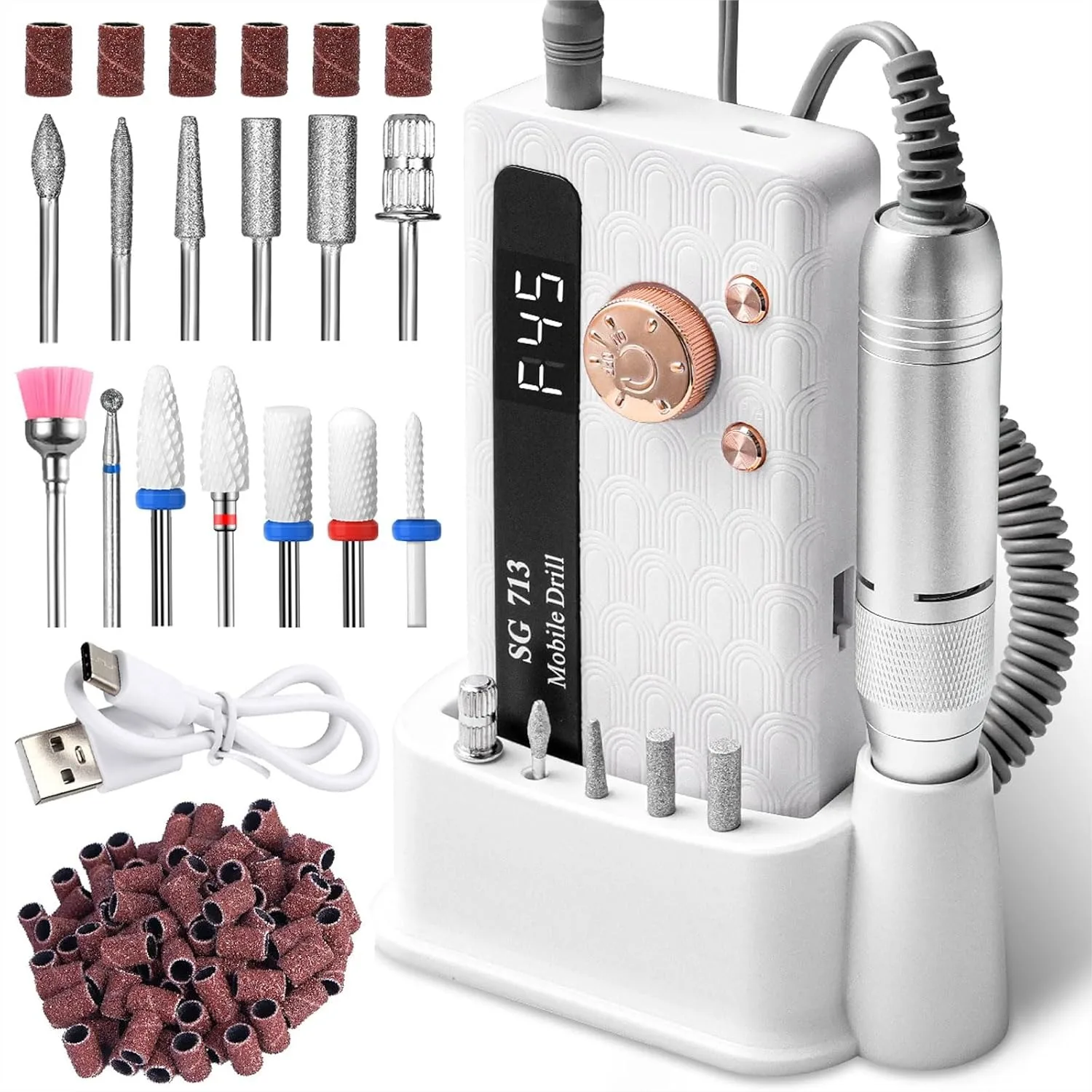 

Professional Nail Drill Kit 45000RPM, Portable Electric Nail File with 13 Bits & 56 Sanding Bands, LED Screen, Rechargeable for