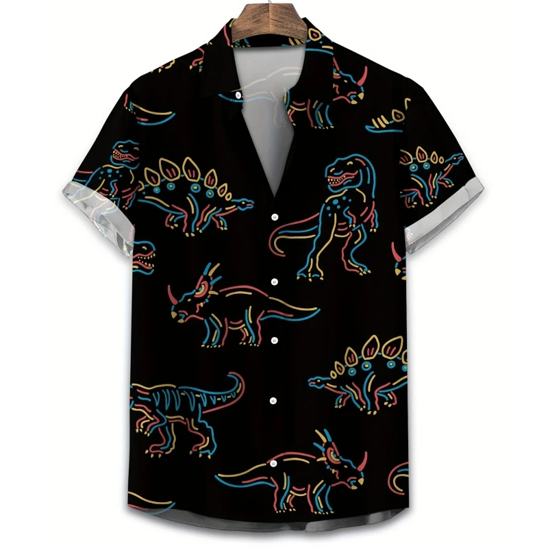 

Hawaiian Shirt For Men Loose Lapel Button Down Shirts Dinosaur Graphic Short Sleeve Printed Tee Summer Beach Party Clothing Tops