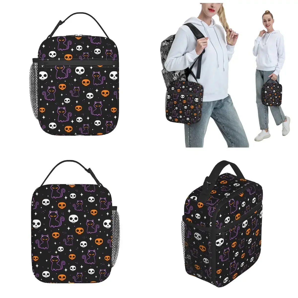 Halloween Insulated Lunch Bags Thermal Bag Reusable Skulls And Black Cat Leakproof Tote Lunch Box Men Women Beach Outdoor