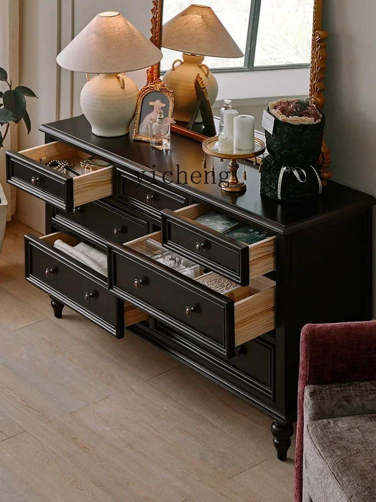 b9.21-ZK Vintage Solid Wood Chest of Drawers Living Room Black Seven Buckets Kitchen Sideboard Cabinet Bedroom Storage Cabinet