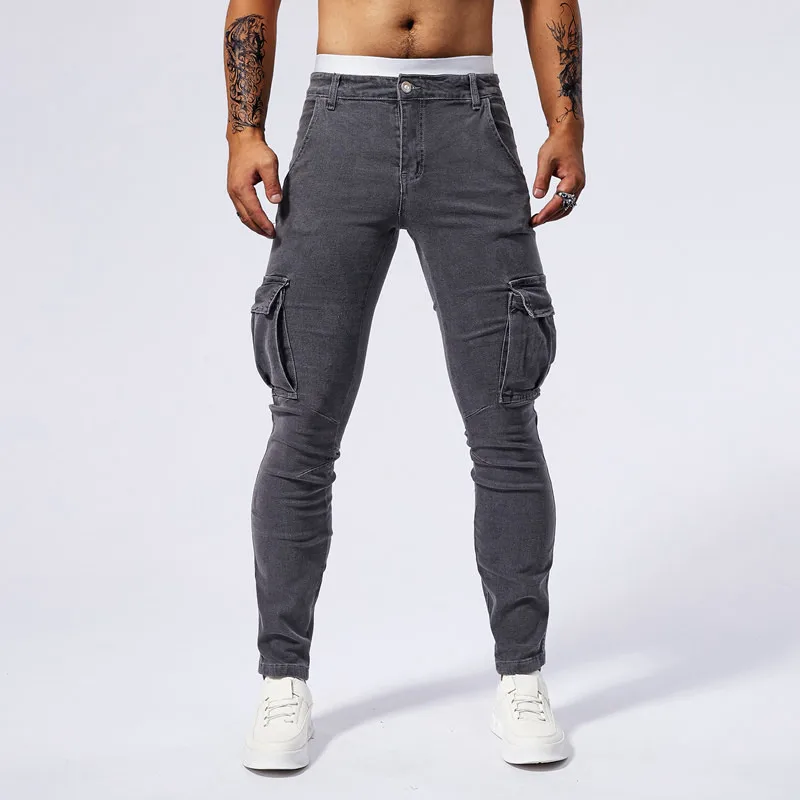 Men's Multi-color Workwear Jeans - Casual Straight Fit with Side Pockets Retro Utility Stretch Denim Pants for Active Lifestyle