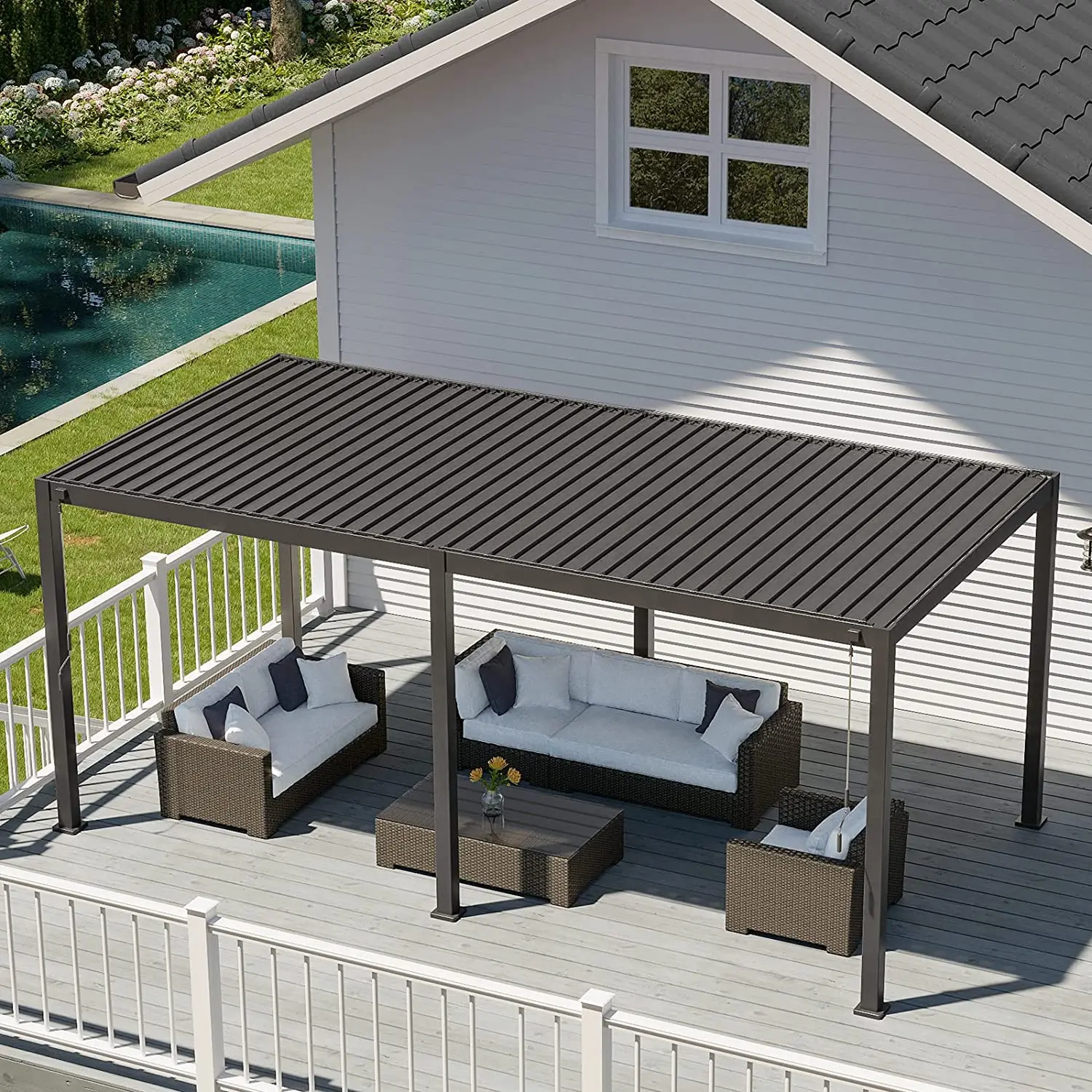Luxury Pergola 10ft and 20ft Aluminum Louvered Pergola Rainproof Gazebo with Adjustable Roof for Outdoor Deck Patio Garden Yard