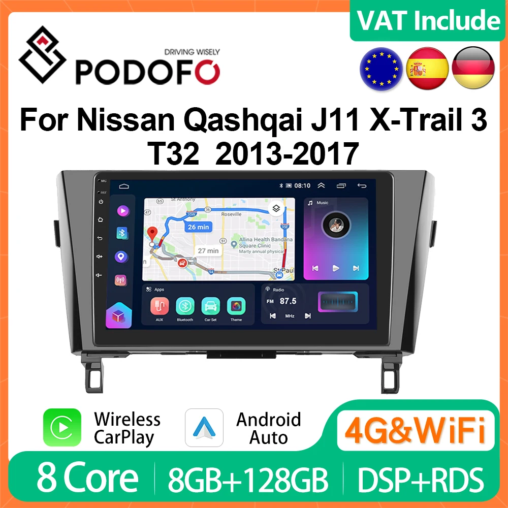 Podofo 4G CarPlay Android Radio For Nissan Qashqai J11 X-Trail-3 T32 2013-2017 Car Multimedia Player GPS Stereo Head Unit HiFi