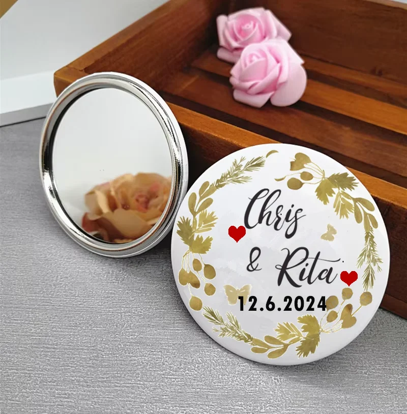 

50p Personalised Metal Pocket Mirrors Engraved Portable Round Makeup Mirror Wedding Favors Gifts Guest Party Custom Baptism Gif