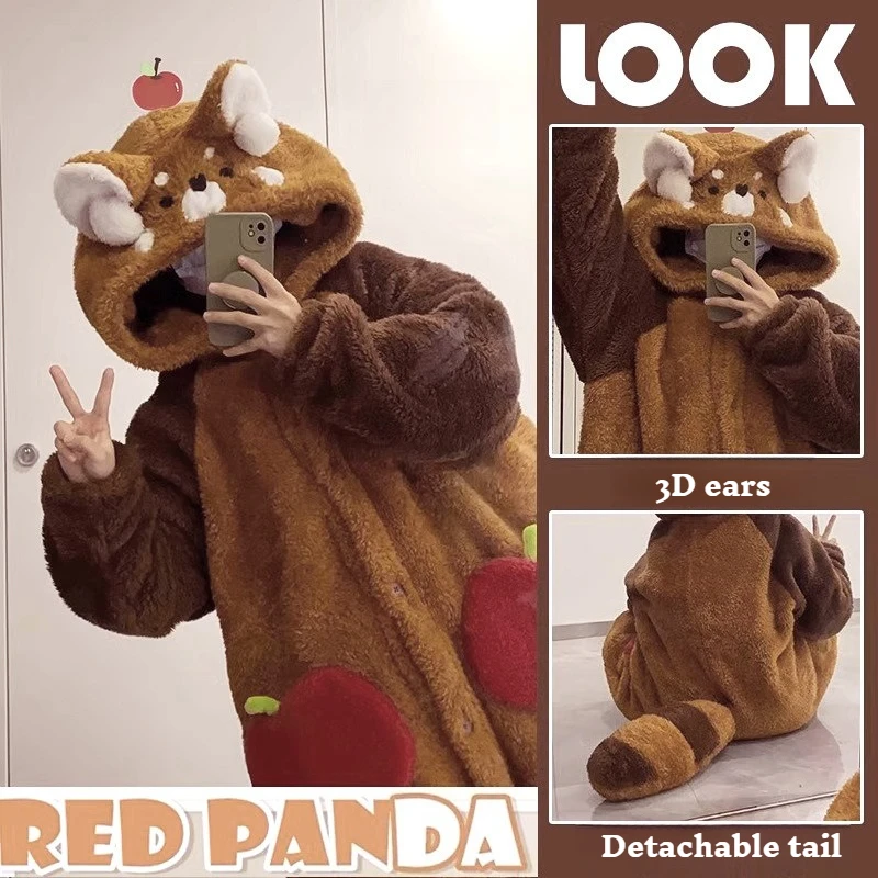 2026 Red Panda Cartoon Sleep Robe Set - Autumn Winter Coral Fleece Thickened Couple Loungewear with Hood & Removable Tail