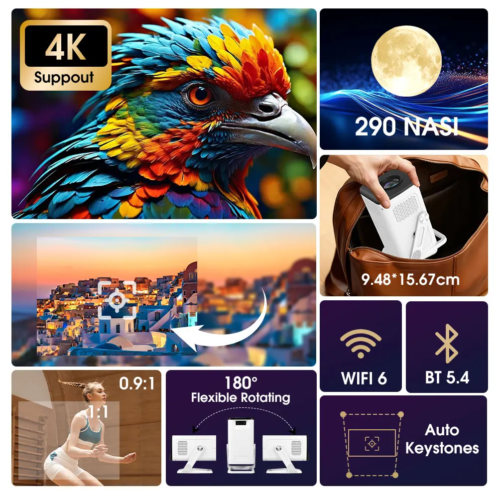 

KIXIN Mini Projector 4K Android 14 Dual Wifi6 290ANSI Allwinner H726 BT5.4 4K 1280*720P Home Cinema Outdoor Projetor for movies