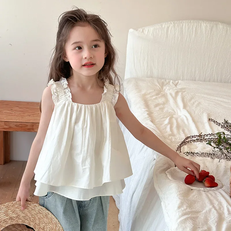 

Girls Korean Cute Lace Sling Baby Shirt Children Sleeveless Vest Shirt Tops 2024 Summer New Active Solid Blue Jeans White