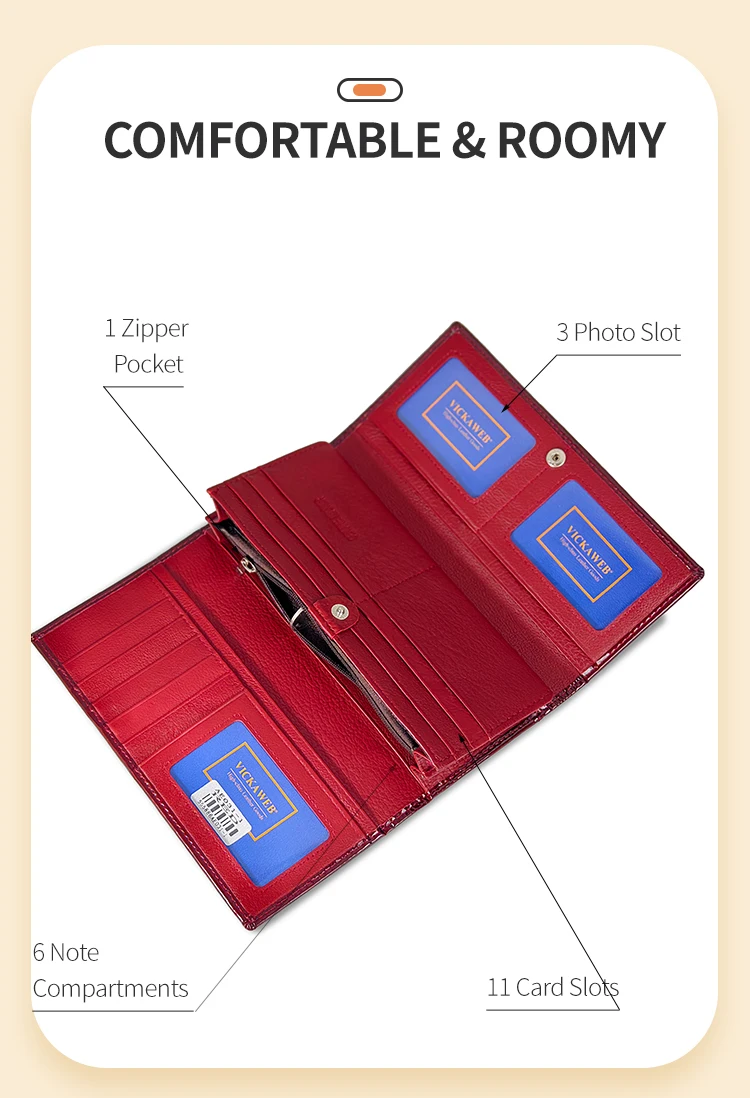 VICKAWEB Große Hasp-Geldbörse aus echtem Leder mit Foto-Kartenhalter und Druckknopfverschluss für Damen, luxuriöses Markendesign, Damen-Kartenetui, lang, rot – Detail 8