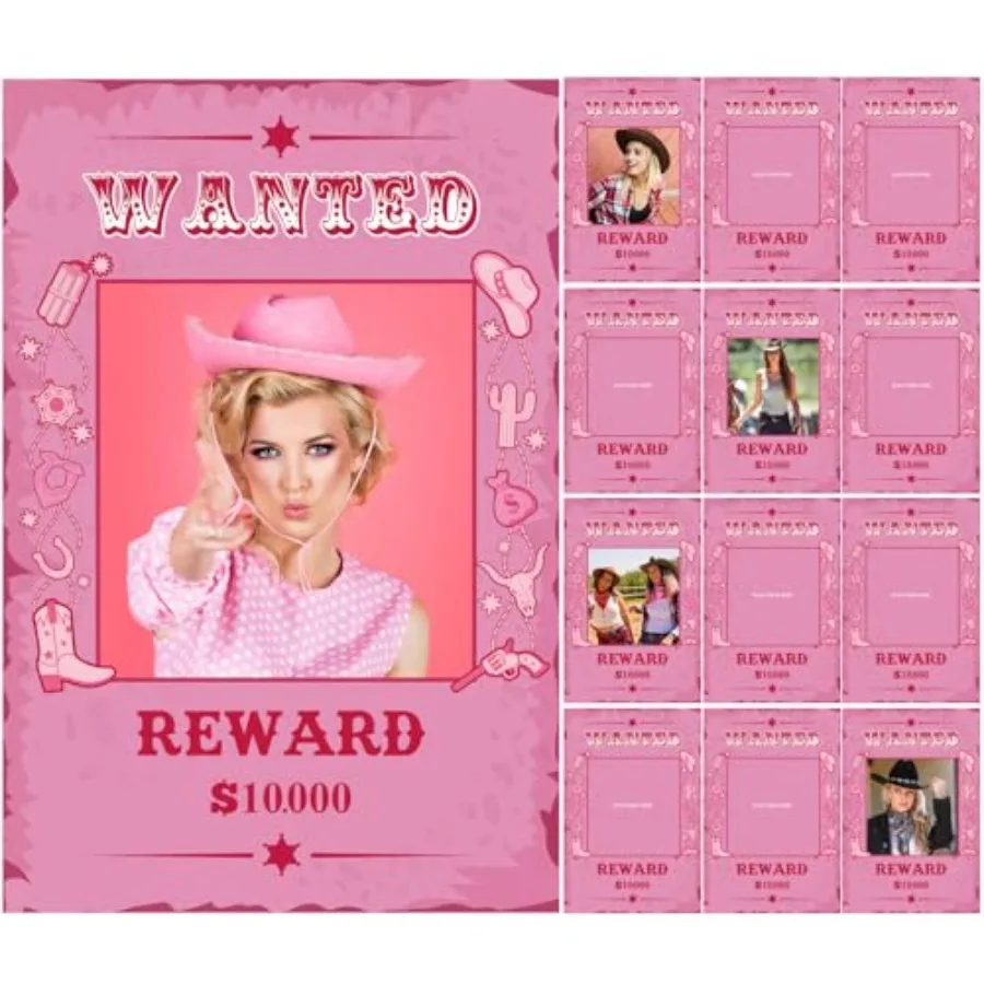 

12 Pcs Party Decorations Pink Western Photo Booth Wanted Poster Photo Prop Selfie Frame Poster Fabric Banner Decorations for Pa