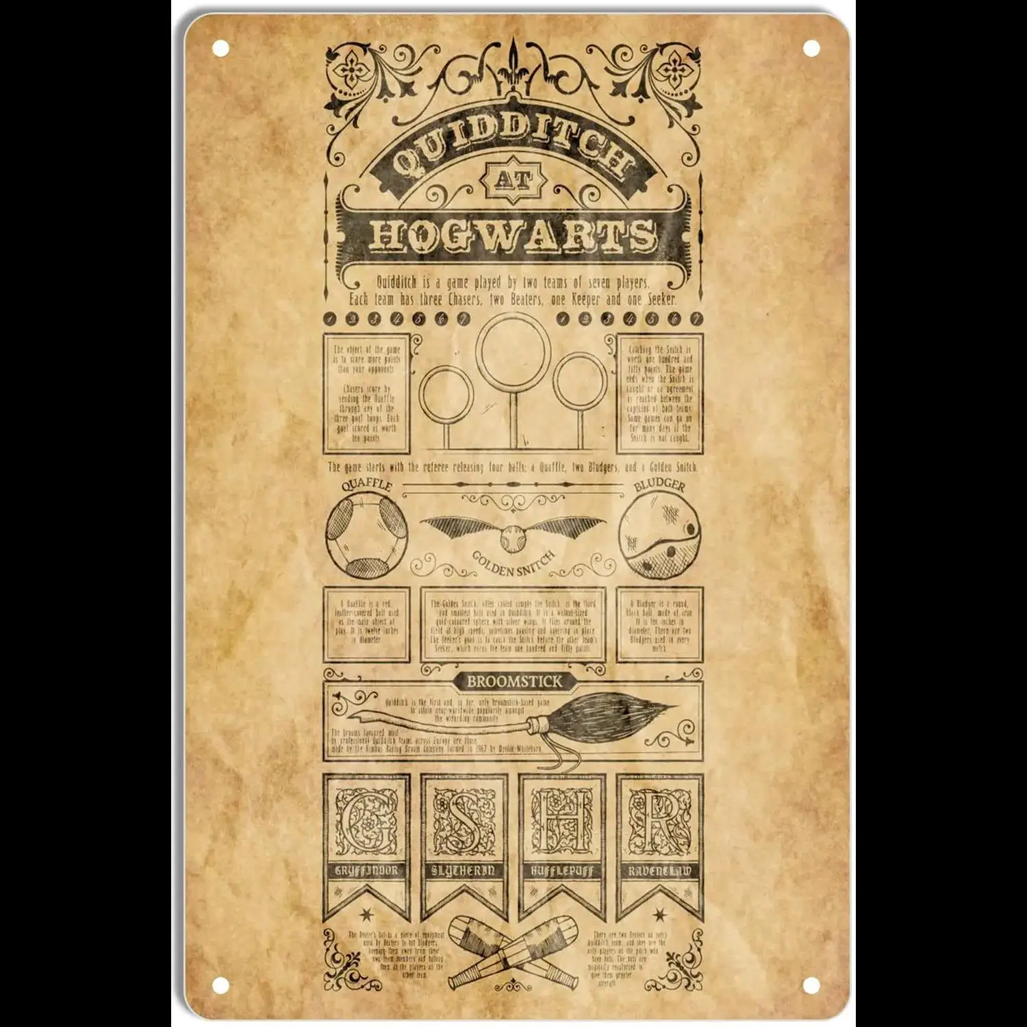 Cartel de hojalata de Metal Vintage, póster de reglas de Hogwarts de Quidditch, decoración de pared divertida para el hogar, cocina, Bar, Pub, hombre, cueva, cafetería, garaje, Retro Pla
