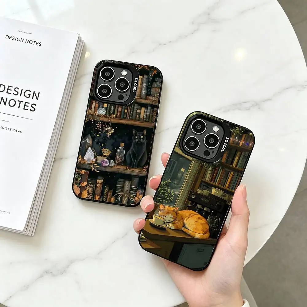 Dark Academia Library Cat Phone Case For iPhone 17,16,15,14,13,12,11 Plus,Pro Max,XS,Colorful Silver Phone case Funda Cover