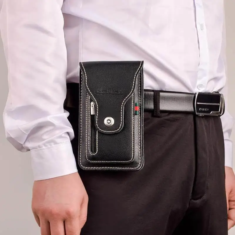 Genuine Leather Waist Bag for Men Mobile Phone Pouch Vertical Multi-layer Storage Outdoor Work Site Suitable Leather Goods