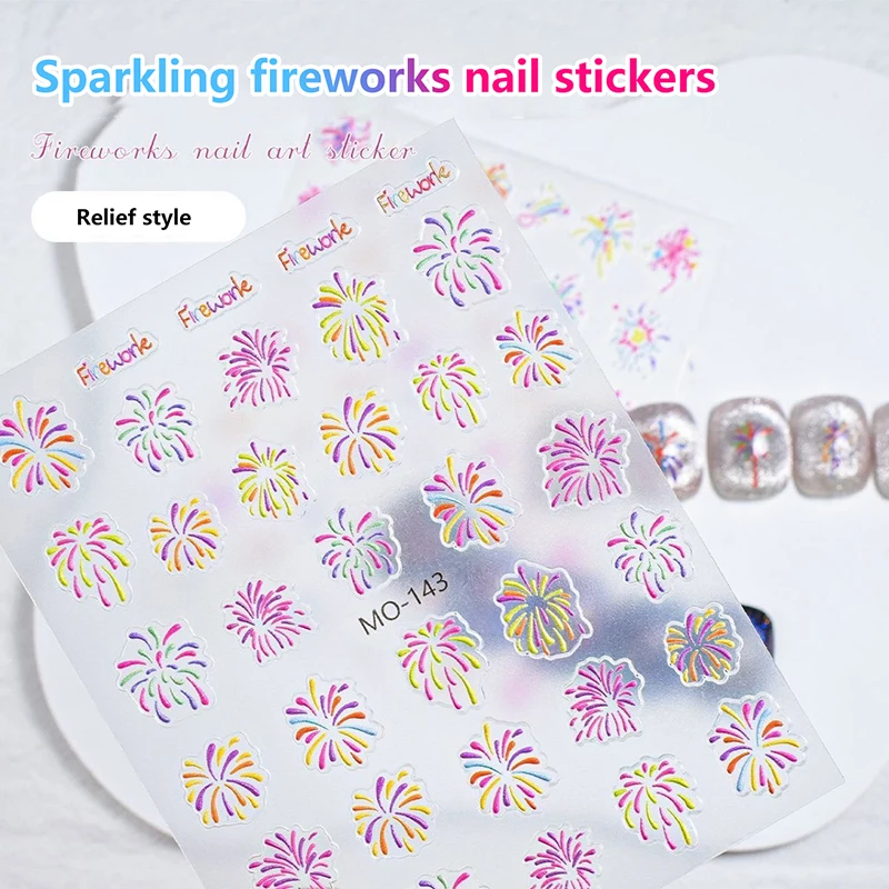 Nieuwjaar Kleurrijk Vuurwerk Nail Art Stickers Romantische Sterrenhemel Helder Vuurwerk Lijm 3D Relief Nail Slider Sieraden