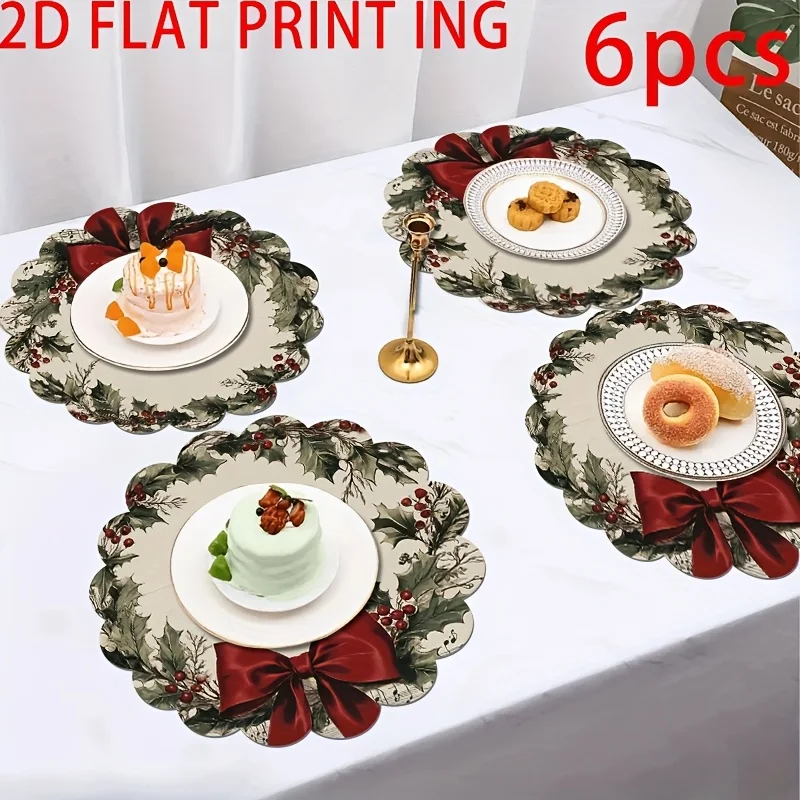 Round Scalloped Christmas Placemats Holly Bow Linen Mats Non-Slip Wipe Clean for Elegant Xmas Dining Table Decor