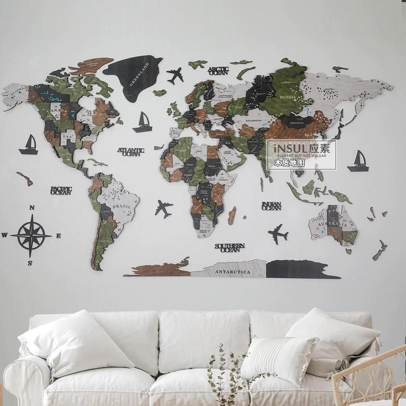 Wooden map 3D three-dimensional wall decoration wall decoration creative living room sofa office background wall