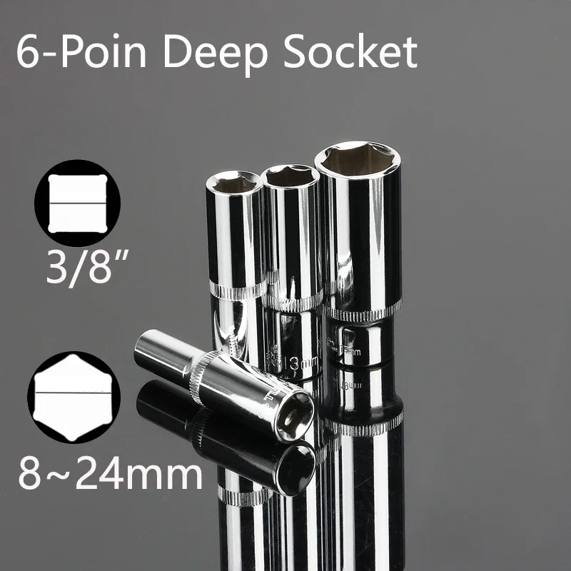 

3/8" Drive 6-Point Deep Socket 10mm Shallow Socket Extension Sleeve Hex Head 8/9/10/11/12/13/14/15/16/17/18/19/20/21/22/23/24mm
