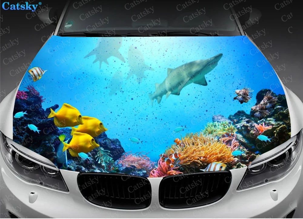 Underwater World Animal Print Car Hood Vinyl Stickers Wrap Film Engine Decals Universal Auto Accessories Hood Protective Cover