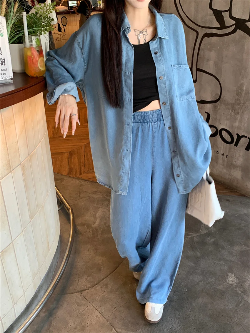 Alien Kitty Retro Autumn Denim Two Pieces Suits Women All Match Loose Shirts 2024 Wide Leg Straight Pants Office Lady Sets