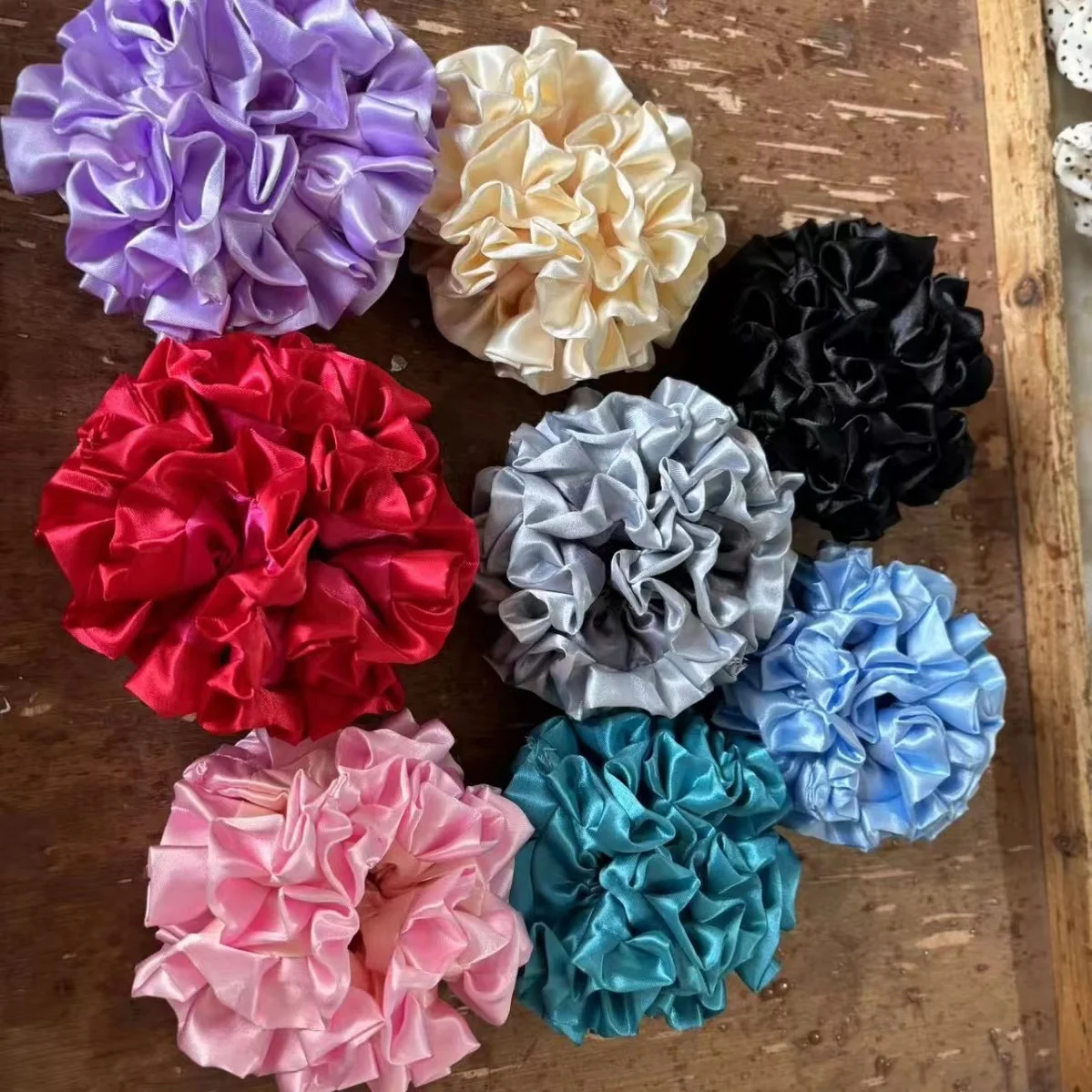 Korean Women Colorful Elastic Hair Bands Ties Hair Scrunchies Big Flower Satin Hair Rope Charms Horsetail Hair Accessories