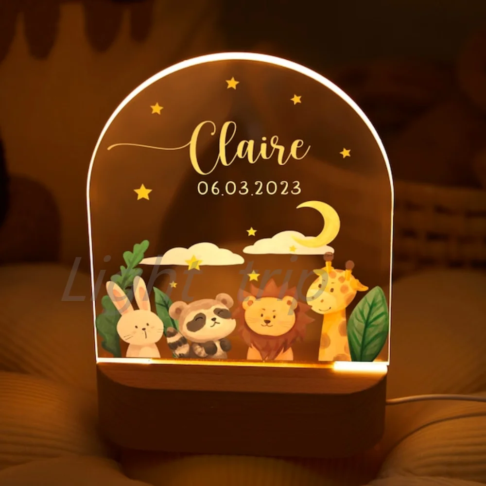 Imagem -03 - Nightlight Usb Personalizado com Nome Personalizado Lâmpada Acrílica Animal Design Bebê Crianças Quarto Decoração de Casa Aniversário Presente de Aniversário