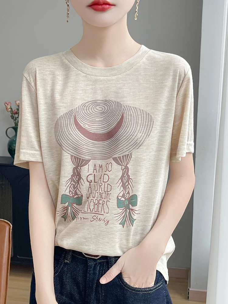 Dopasowany T-shirt z okrągłym dekoltem, chłodzący, z nadrukiem na czapce, wygodny, oddychający, letni, modny damski top z dzianiny.