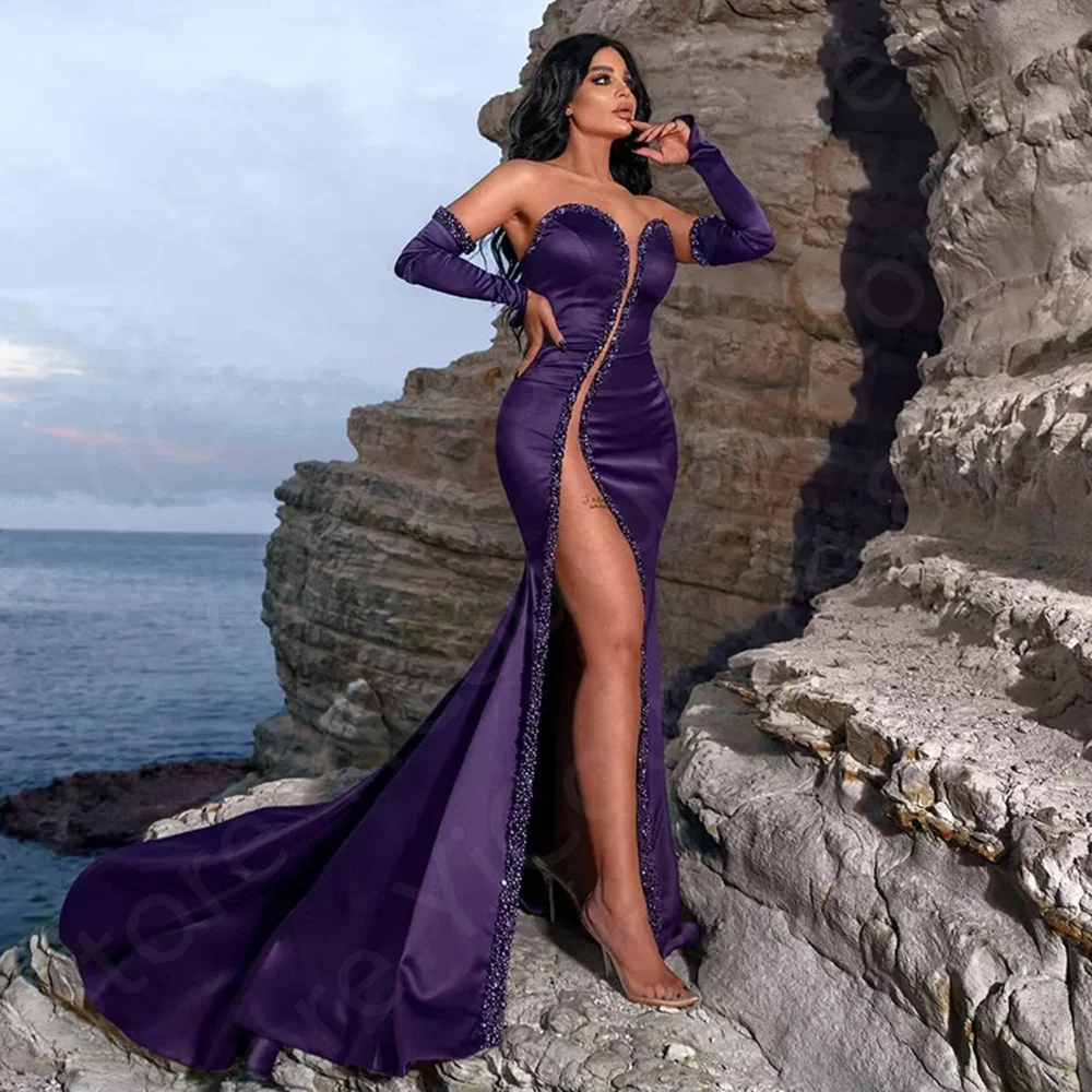 

Unique Sexy Eggplant Prom Gowns Mermaid Evening Dresses Side Split Birthday Party Dress Off Shoulder Sleeve Robe de Soiree 2024