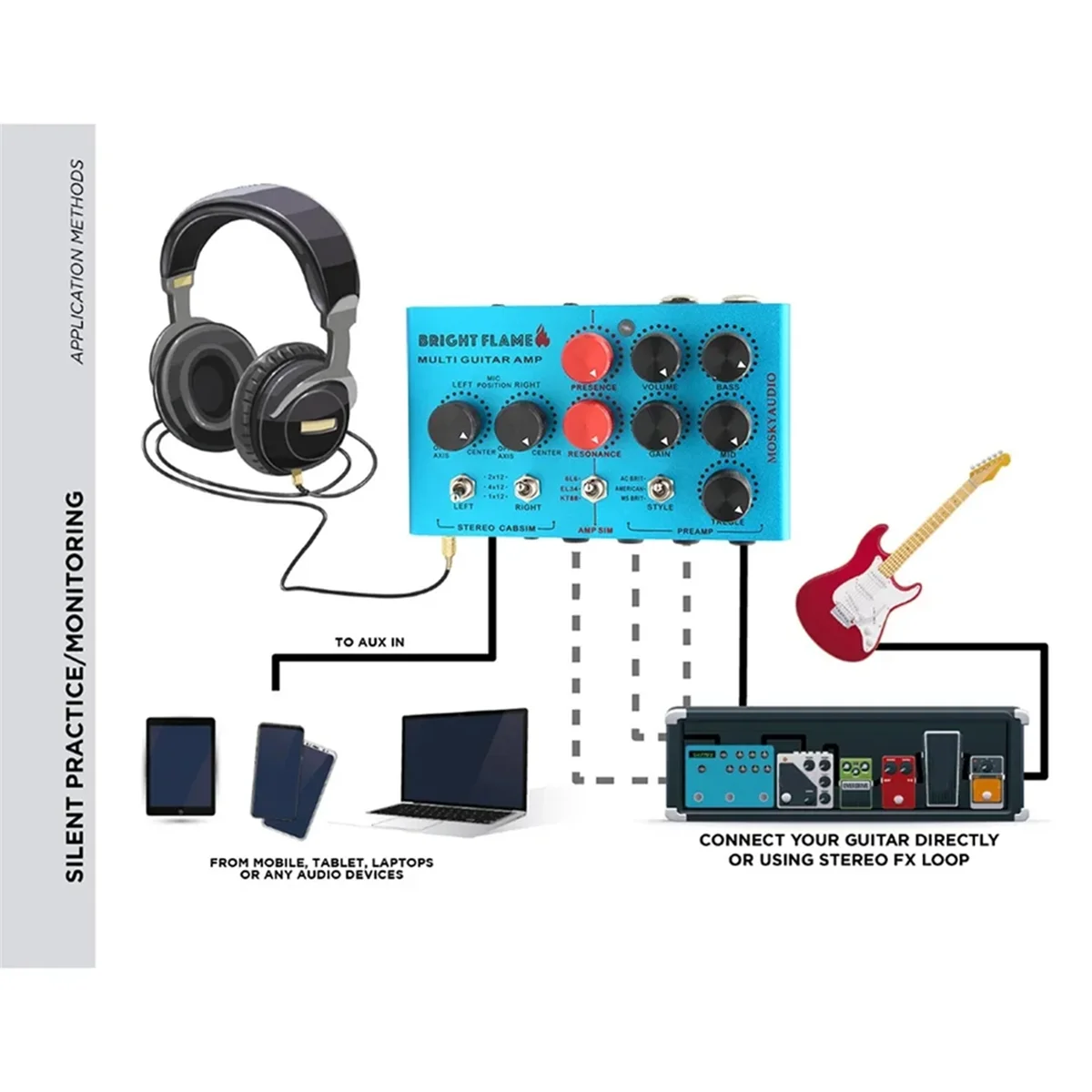 A07R MOSKYAUDIO Audio Helle Flamme Multi Gitarre Verstärker Simulator Pedal Stereo Schrank Sim Box Vorverstärker DI Box Effekt Pedal