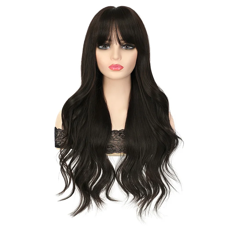 

60CM Black Brown Medium Long Wavy Hair Wigs for Women Cosplay Neat Bangs Heat Resistant Peluca Sythetic Fiber