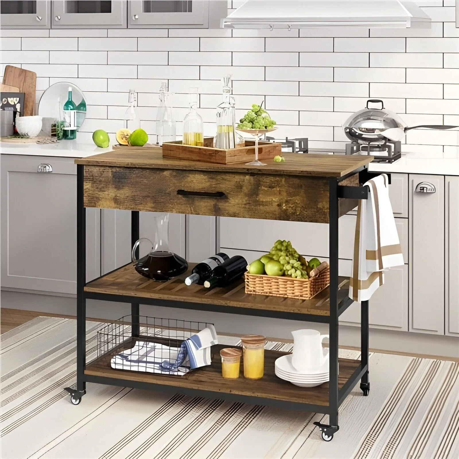 

Rolling Kitchen Cart Serving Cart on Wheels w/Drawer and Shelves, Rustic Brown United States