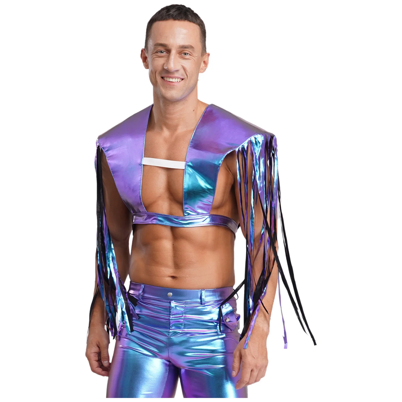Adult Men Women Metallic Shiny Shoulder Shrugs Tassel Fringe Adjustable Armor Shawls Halloween Cosplay Masquerade Party Costumes view 2