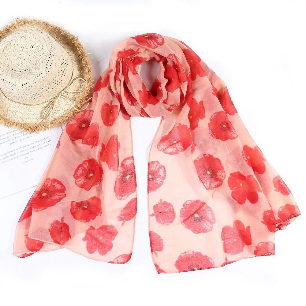 Soft Colorful Poppy Print Scarf Cotton Voile Smooth Poppy Floral Shawl Breathable 180*90cm Poppies Floral Wrap for Women Ladies