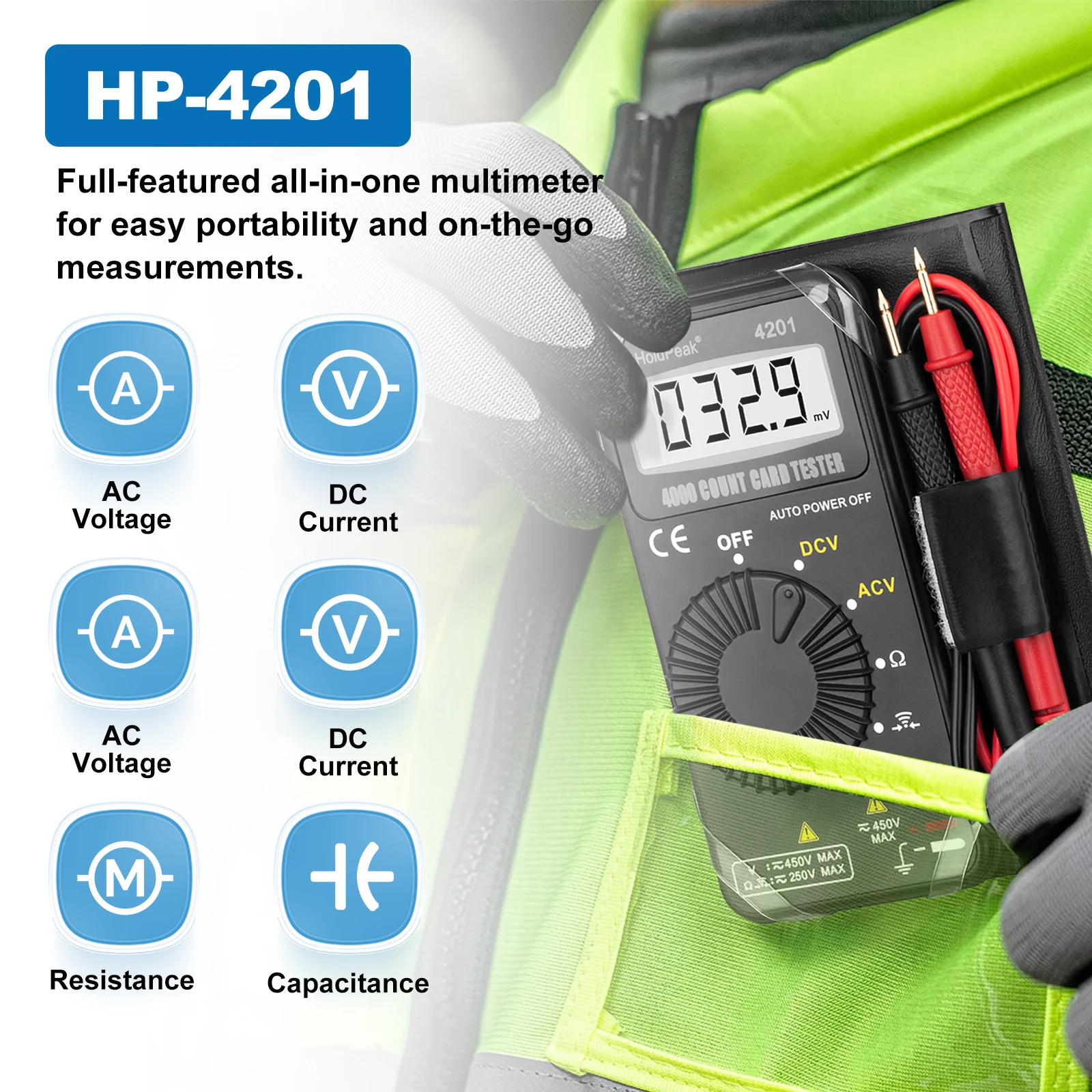 

HP-4201 Mini Digital Multimeter: Pocket-sized Voltage, Resistance & Continuity Tester with Auto-ranging