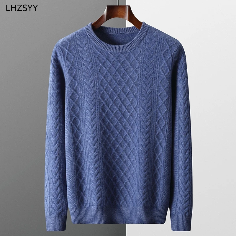 LHZSYY Pure Cashmere Sweater Men' Autumn/Winter New O-Neck Jumper Youth Thick Jacquard Base Shirt Loose Knit Tops Warm Pullovers