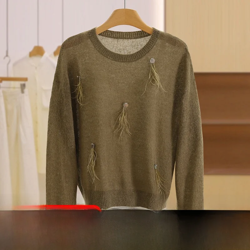 سترة محبوكة رقيقة بألوان نقية مزينة بالترتر، تصميم عصري شبابي، نمط كاجوال للتنقل اليومي، أكمام طويلة وياقة دائرية #1