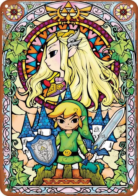 The Legend of Zelda- Stained Glass Poster Vintage Metal Tin Sign For Office/Home/Classroom/Bathroom Decor 8X12 Inch