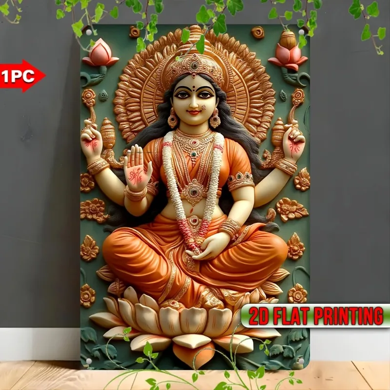 

Aluminum Metal Wall Art: Graceful Goddess Lakshmi in 2D Flat Printing, Ideal for Hindu - Themed Decor, 7.9x11.8" or 11.8x17.7"
