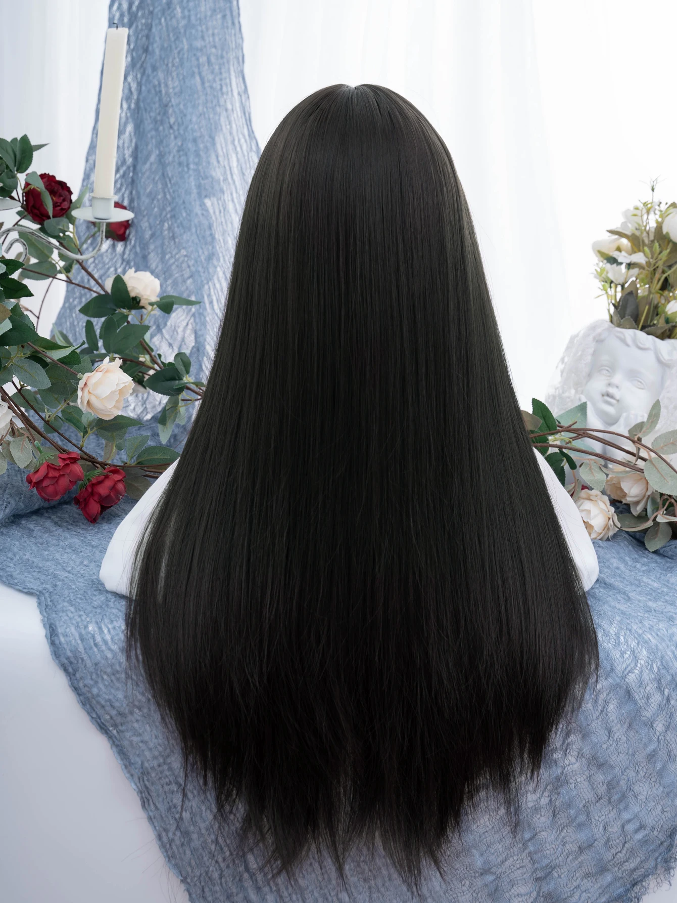 Wig sintetik gaya Lolita hitam 30 inci dengan Wig rambut panjang halus lurus untuk penggunaan sehari-hari wanita pesta Cosplay tahan panas